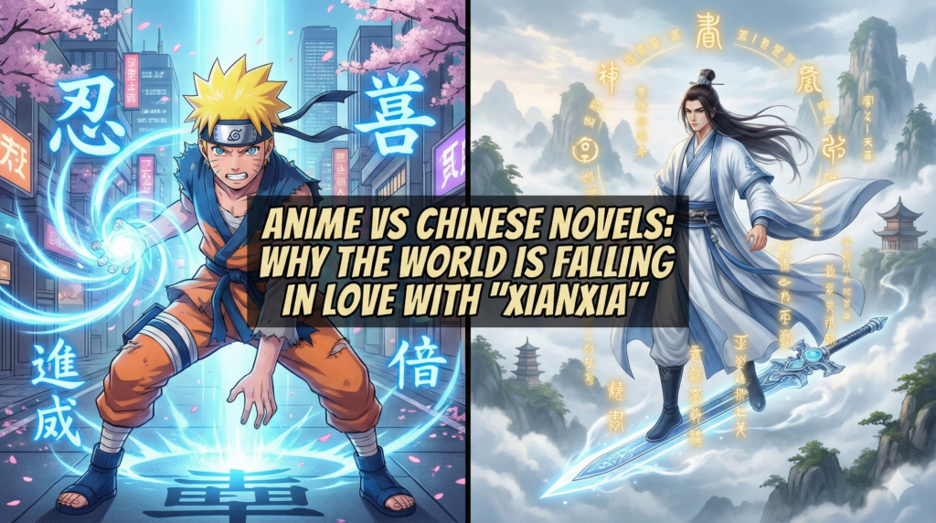 A split-screen blog header comparing Anime and Chinese Novels. The left side shows Naruto representing Anime in a Japanese setting, while the right side features a Xianxia cultivator riding a sword to represent Chinese Cultivation novels. The central text reads: 'Anime vs Chinese Novels: Why the World is Falling in Love with Xianxia'. This graphic illustrates the rising popularity of web novels."